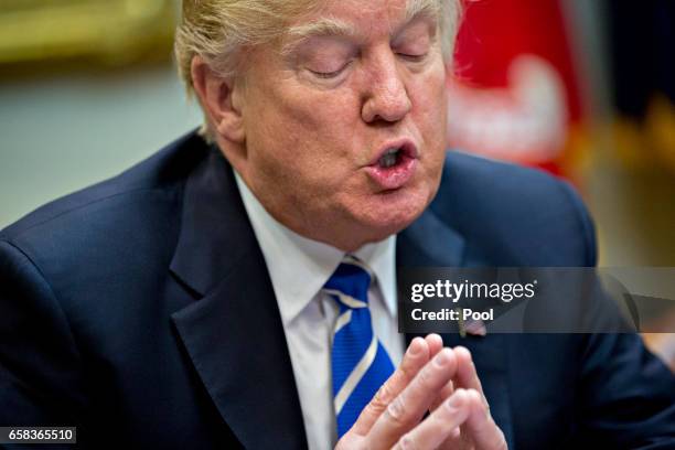 President Donald Trump speaks while meeting with women small business owners in the Roosevelt Room of the White House on March 27, 2017 in...