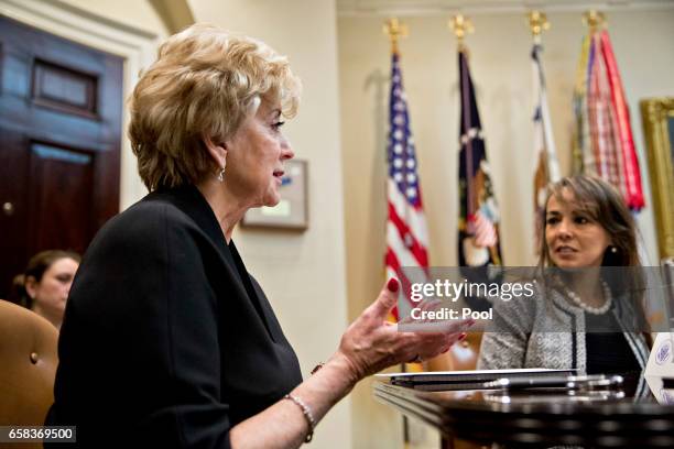 Linda McMahon, administrator of the Small Business Administration , speaks while meeting with women small business owners with U.S. President Donald...