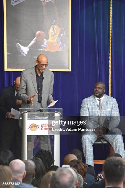 Kareem Abdul-Jabbar gives a speech during the Los Angeles Lakers unveiling of the Shaquille O'Neal statue during an event on March 24, 2017 at...