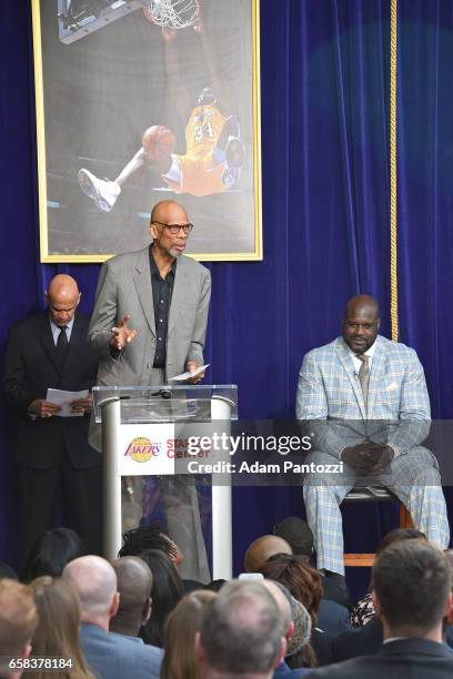 Kareem Abdul-Jabbar gives a speech during the Los Angeles Lakers unveiling of the Shaquille O'Neal statue during an event on March 24, 2017 at...