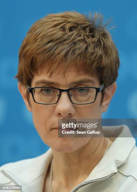 German Christian Democrats Saarland lead candidate Annegret Kramp-Karrenbauer speaks to the media at CDU headquarters the day after state elections...