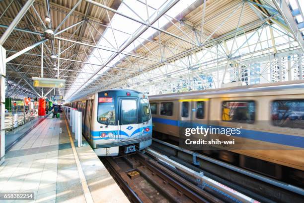 taipei, taiwan - march 1, 2016 : street view of taipei with metro train .the taipei mrt is one of the best way to travel around the city. - taipei mrt stock pictures, royalty-free photos & images