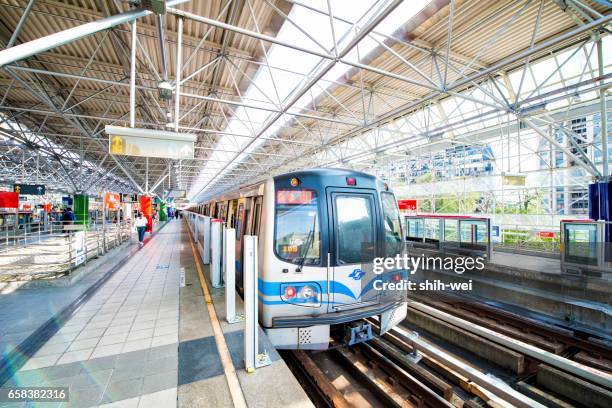 taipei, taiwan - march 1, 2016 : street view of taipei with metro train .the taipei mrt is one of the best way to travel around the city. - taipei mrt stock pictures, royalty-free photos & images