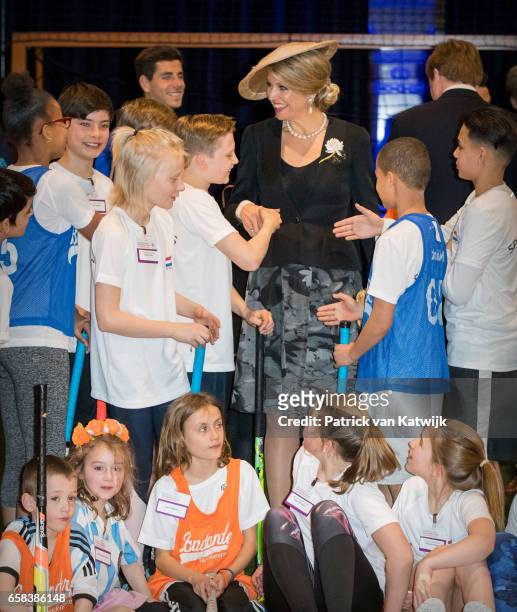 Queen Maxima of The Netherlands visit the Hockey Clinics during the Argentinean state visit in the Beurs van Berlage on March 27, 2017 in Amsterdam,...