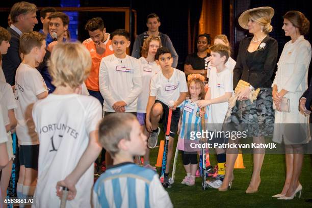 Queen Maxima of The Netherlands and Juliana Awada visit the Hockey Clinics in the Beurs van Berlage on March 27, 2017 in Amsterdam, The Netherlands....