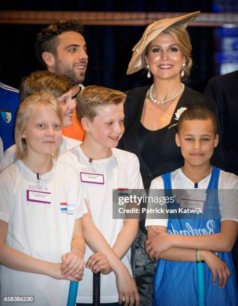 Queen Maxima of The Netherlands visit the Hockey Clinics during the Argentinean state visit in the Beurs van Berlage on March 27, 2017 in Amsterdam,...