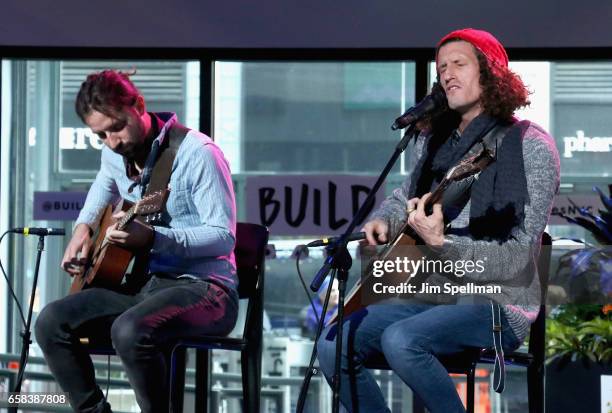 Musicians Zack Feinberg and David Shaw from The Revivalists attend the Build series to discuss "Men Amongst Mountains" at Build Studio on March 27,...