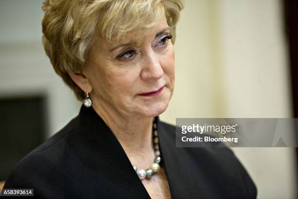 Linda McMahon, administrator of the Small Business Administration , listens while meeting with U.S. President Donald Trump, not pictured, and women...