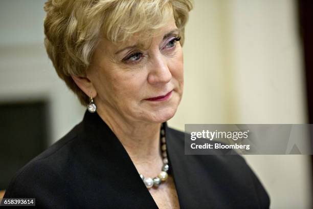 Linda McMahon, administrator of the Small Business Administration , listens while meeting with U.S. President Donald Trump, not pictured, and women...