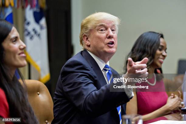 President Donald Trump speaks while meeting with women small business owners in the Roosevelt Room of the White House in Washington, D.C., U.S., on...