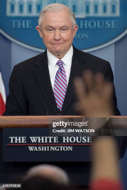 Attorney General Jeff Sessions speaks during the Daily Briefing at the White House in Washington, DC, March 27, 2017. / AFP PHOTO / JIM WATSON