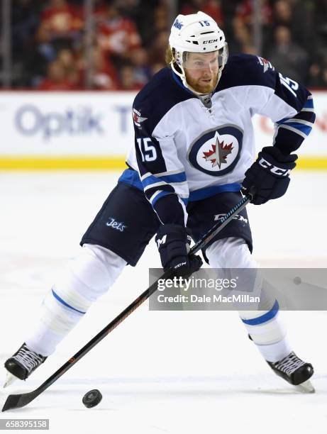 Matt Halischuk of the Winnipeg Jets plays in the game against Calgary Flames at Scotiabank Saddledome on March 16, 2016 in Calgary, Alberta, Canada.