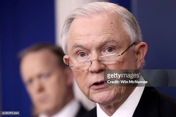 Attorney General Jeff Sessions delivers remarks during the daily White House press briefing March 27, 2017 in Washington, DC. Sessions announced new...