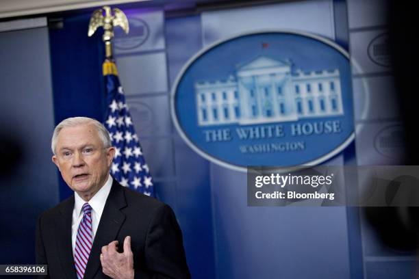 Jeff Sessions, U.S. Attorney general, speaks during a White House briefing in Washington, D.C., U.S., on Monday, March 27, 2017. Some 200...