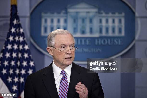 Jeff Sessions, U.S. Attorney general, speaks during a White House briefing in Washington, D.C., U.S., on Monday, March 27, 2017. Some 200...