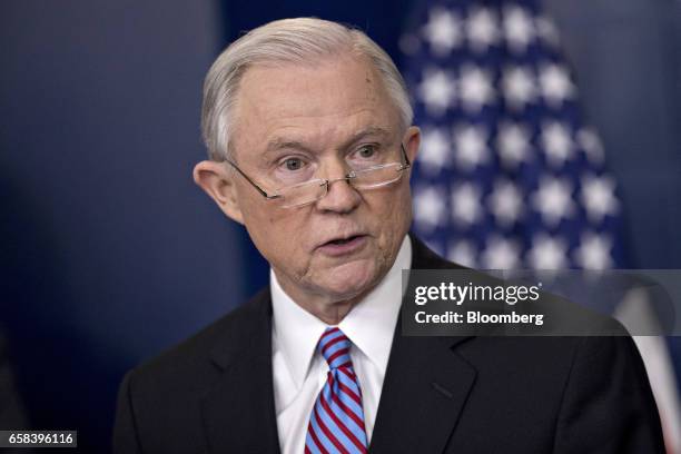 Jeff Sessions, U.S. Attorney general, speaks during a White House briefing in Washington, D.C., U.S., on Monday, March 27, 2017. Some 200...