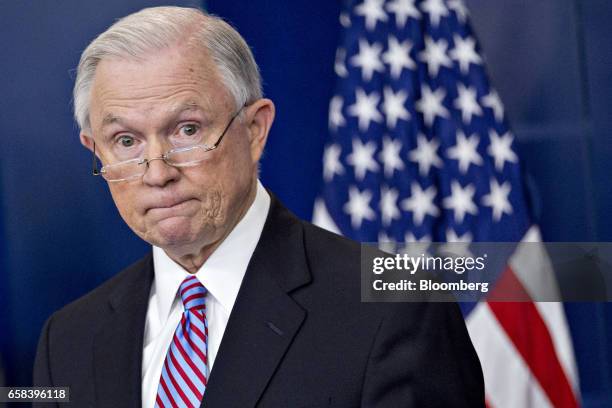 Jeff Sessions, U.S. Attorney general, pauses while speaking during a White House briefing in Washington, D.C., U.S., on Monday, March 27, 2017. Some...