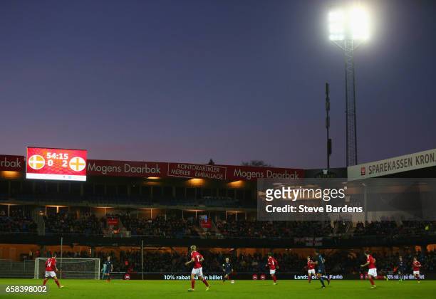General view of the action inside the stadium during the U21 international friendly match between Denmark and England at BioNutria Park on March 27,...