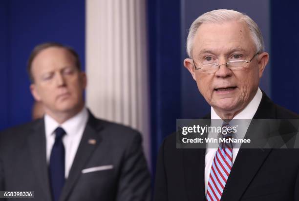 Attorney General Jeff Sessions delivers remarks during the daily White House press briefing March 27, 2017 in Washington, DC. Sessions announced in a...