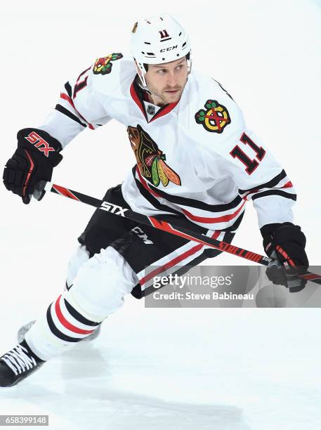 Andrew Desjardins of the Chicago Blackhawks plays in the game against the Boston Bruins at TD Garden on March 3, 2016 in Boston, Massachusetts.