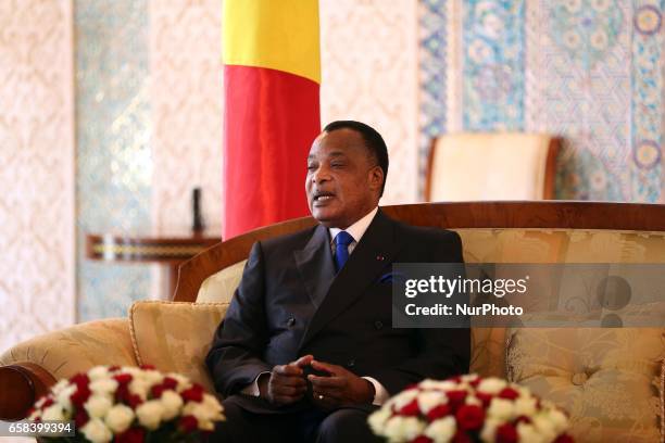 President of the National People's Assembly Mohamed-Larbi Ould Khelifa receives Congo President Denis Sassou Nguesso, in Algiers, Algeria, on March...