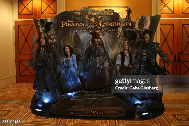 An advertisement for the upcoming movie "Pirates of the Caribbean: Dead Men Tell No Tales" is displayed at CinemaCon at Caesars Palace on March 27,...