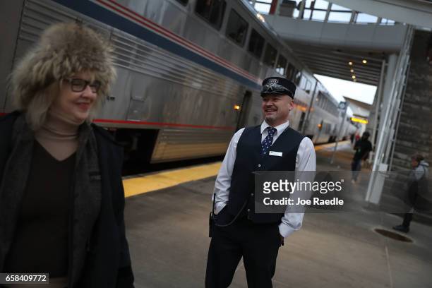 Conductor Dana Yee works on the Amtrak's California Zephyr during its daily 2,438-mile trip to Emeryville/San Francisco from Chicago that takes...