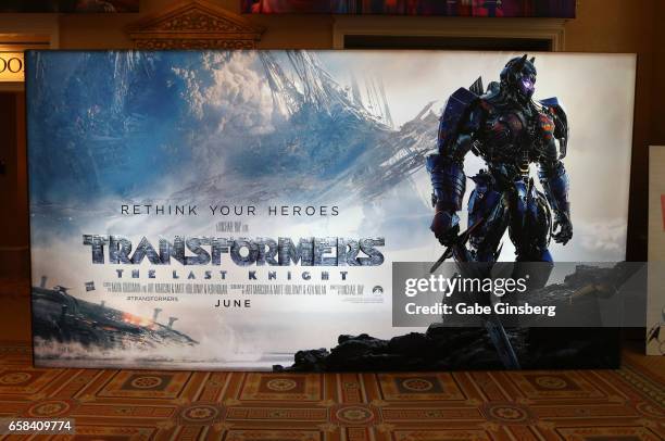 An advertisement for the upcoming movie "Transformers: The Last Knight" is displayed at CinemaCon at Caesars Palace on March 27, 2017 in Las Vegas,...