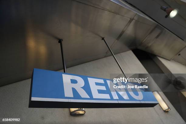 The Reno train station sign is seen as Amtrak's California Zephyr stops at the station during its daily 2,438-mile trip to Emeryville/San Francisco...