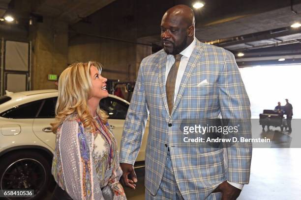 Jeanie Buss talks to Shaquille O'Neal before the Los Angeles Lakers unveiling of the Shaquille O'Neal statue on March 24, 2017 at STAPLES Center in...
