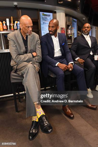 Kareem Abdul-Jabbar and Kobe Bryant talk during the Los Angeles Lakers unveiling of the Shaquille O'Neal statue on March 24, 2017 at STAPLES Center...