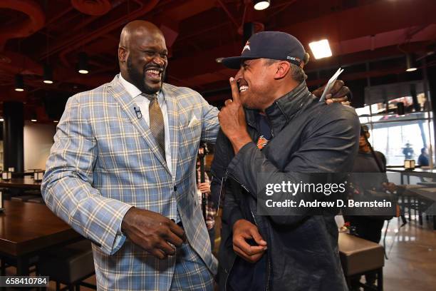 Rick Fox and Shaquille O'Neal talk during the Los Angeles Lakers unveiling of the Shaquille O'Neal statue on March 24, 2017 at STAPLES Center in Los...