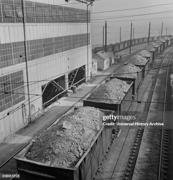 Trains of Ore Containing Copper Arriving at Refining Plant, Salt Lake County, Utah, USA, Andreas Feininger for Office of War Information, November...