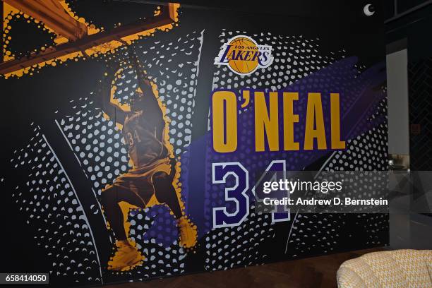 Shot of the interior during the Los Angeles Lakers unveiling of the Shaquille O'Neal statue on March 24, 2017 at STAPLES Center in Los Angeles,...
