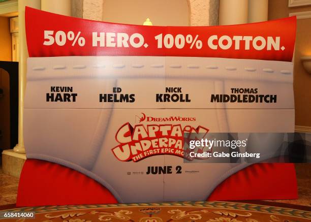 An advertisement for the upcoming movie "Captain Underpants" is displayed at CinemaCon at Caesars Palace on March 27, 2017 in Las Vegas, United...