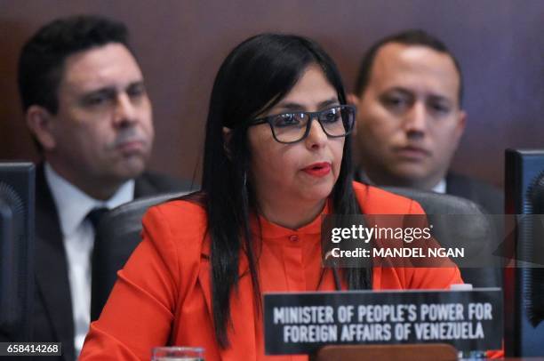 Venezuela's Foreign Minister Delcy Rodríguez speaks during an address to the Organization of American States on March 27, 2017 in Washington, DC. /...