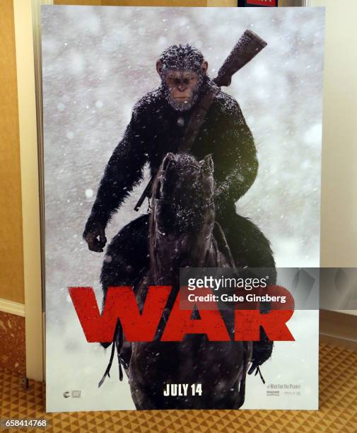 An advertisement for the upcoming movie "War for the Planet of the Apes" is displayed at CinemaCon at Caesars Palace on March 27, 2017 in Las Vegas,...