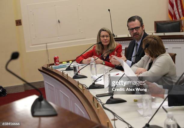 Executive Director of the Authors Guild Mary Rasenberger and photographer John Harrington participate in a briefing March 27, 2017 on Capitol Hill in...