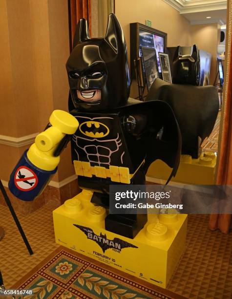 Statue of the Batman character from "The Lego Batman Movie" is displayed for auction during CinemaCon at Caesars Palace on March 27, 2017 in Las...
