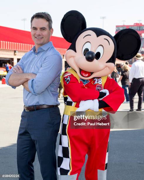 Stars Jimmie Johnson, Danica Patrick and Jeff Gordon welcomed Mickey Mouse to the Auto Club Speedway in Fontana, Calif., on March 24, 2017. The...