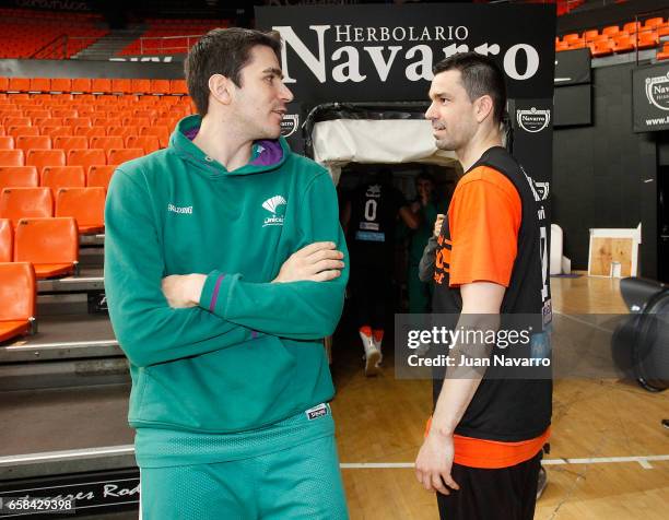 Carlos Suarez, #43 of Unicaja Malaga talks to Rafa Martinez, #17 of Valencia Basket during the 2016-2017 7DaysEurocup Finals Unicaja Malaga training...