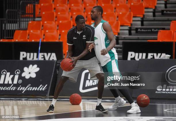 Jamar Smith of Unicaja Malaga and Oliver Lafayette, #20 in action during the 2016-2017 7DaysEurocup Finals Unicaja Malaga training session at...