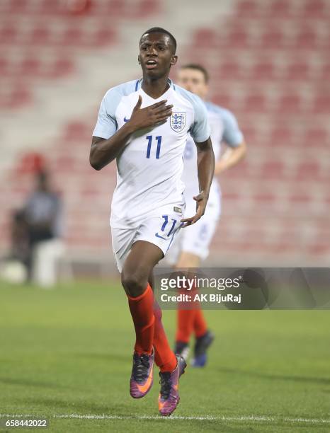 Edward Nketiah of England celebrates scoring a goal against Qatar during the U18 International friendly match between Qatar and England at the Grand...