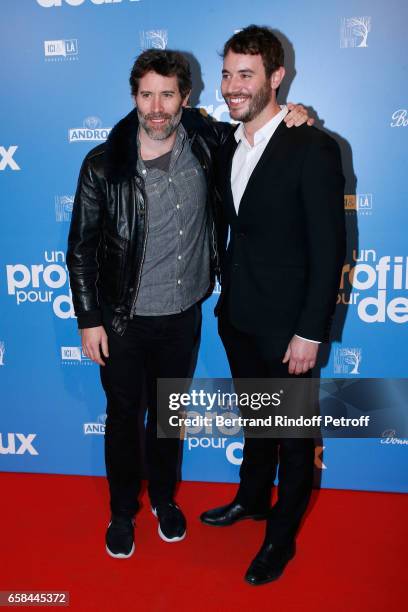 Jalil Lespert and his brother, actor of the movie Yaniss Lespert attend the "Un profil pour deux" Paris Premiere at Cinema UGC Normandie on March 27,...