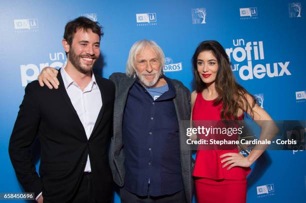 Actors Yaniss Lespert, Pierre Richard and Fanny Valette attend the 'Un Profil Pour Deux' Premiere at Cinema UGC Normandie on March 27, 2017 in Paris,...