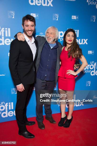 Actors Yaniss Lespert, Pierre Richard and Fanny Valette attend the 'Un Profil Pour Deux' Premiere at Cinema UGC Normandie on March 27, 2017 in Paris,...