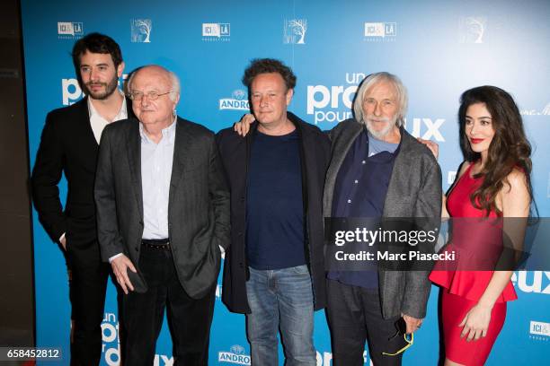 Yannis Lespert, Vladimir Cosma, Stephane Robelin, Pierre Richard and Fanny Valette attend 'Un Profil pour Deux' Premiere at Cinema UGC Normandie on...