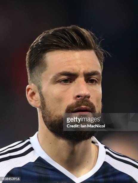 Russell Martin of Scotland is seen during the FIFA 2018 World Cup Qualifier between Scotland and Slovenia at Hampden Park on March 26, 2017 in...