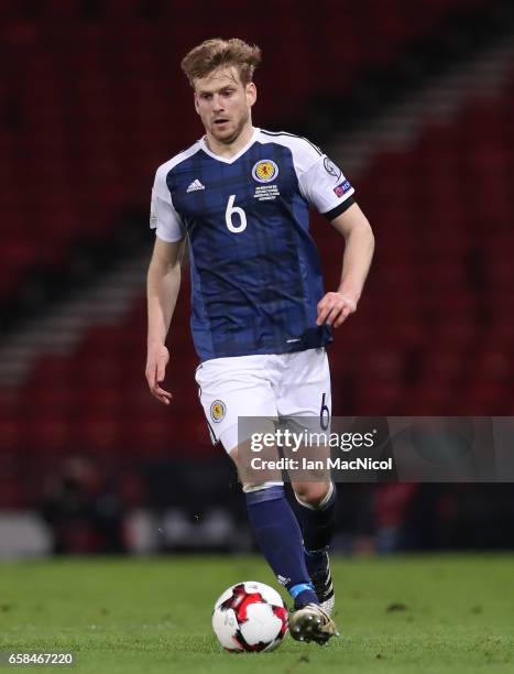 Stuart Armstrong of Scotland is seen during the FIFA 2018 World Cup Qualifier between Scotland and Slovenia at Hampden Park on March 26, 2017 in...