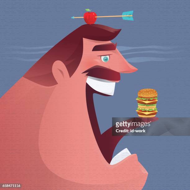 mann mit hamburger und apfel - food additive stock-grafiken, -clipart, -cartoons und -symbole